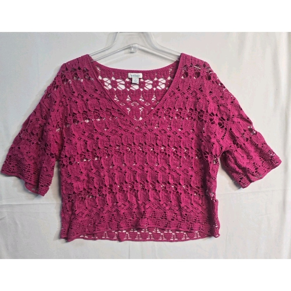 Sundance Hot Pink Floral Crochet Knit Cotton V-Neck Top L Boho Lace